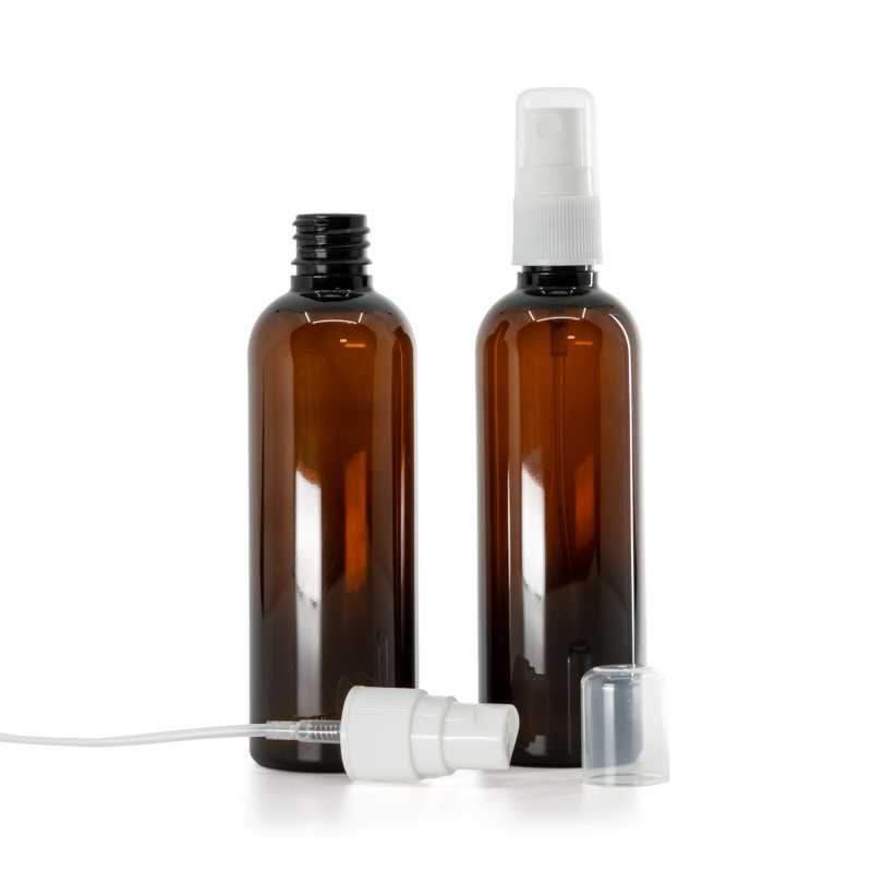Plastová fľaška, liekovka, hnedá, rozprašovač biely na plastovú fľašu, 100 ml 