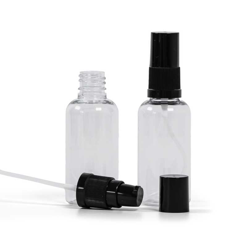 Plastová fľaška, liekovka, prehľadná, čierny dávkovač krémov s čiernym vrchom, 50 ml