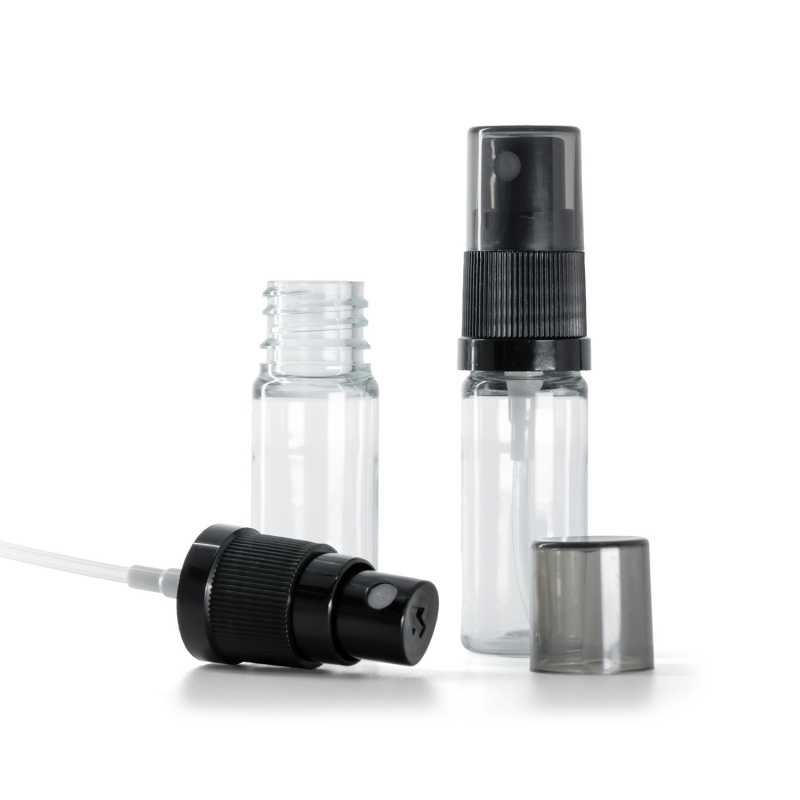 Plastová fľaška, liekovka, priehľadná, biela, čierny rozprašovač, dymový kryt, 10 ml