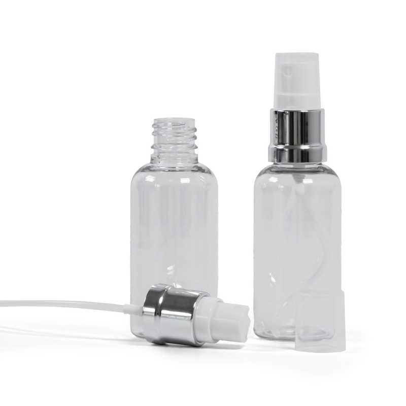 Plastová fľaška, liekovka, priehľadná, bielo-strieborný rozprašovač, 50 ml