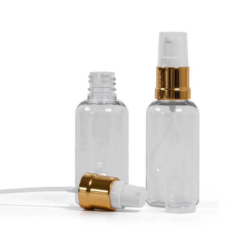 Plastová fľaška, liekovka, priehľadná, bielo-zlatý lesklý dávkovač, 50 ml