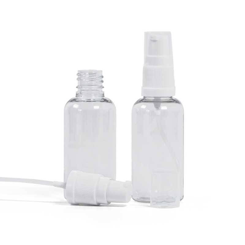 Plastová fľaška, liekovka, priehľadná, biely dávkovač, 50 ml