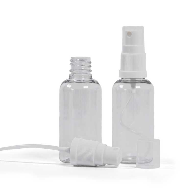 Plastová fľaška, liekovka, priehľadná, biely rozprašovač, 50 ml