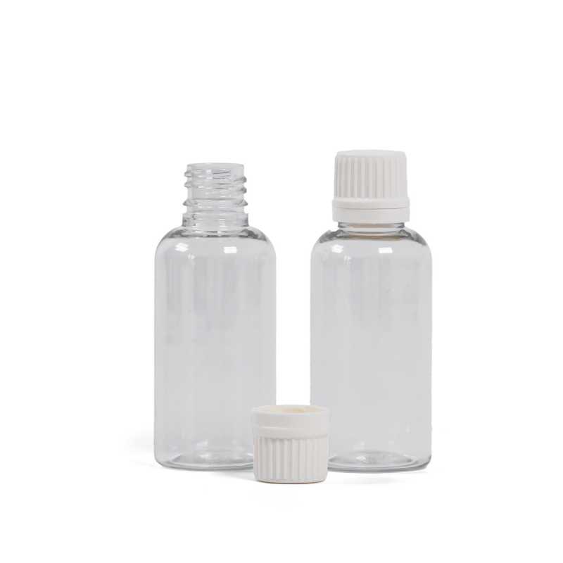 Plastová fľaška, liekovka, priehľadná, biely vrchnák, 50 ml