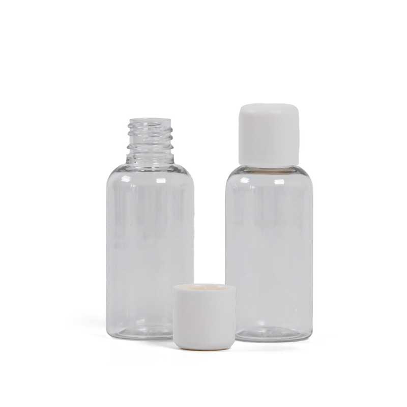 Plastová fľaška, liekovka, priehľadná, biely vrchnák s poistkou, 50 ml