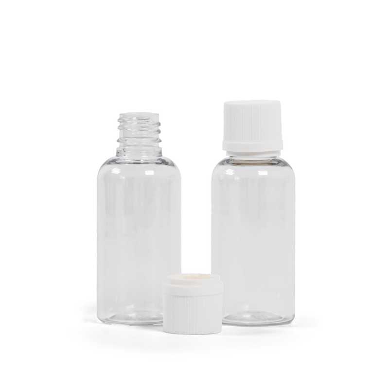 Plastová fľaška, liekovka, priehľadná, biely vrúbkovaný vrchnák s poistkou, 50 ml