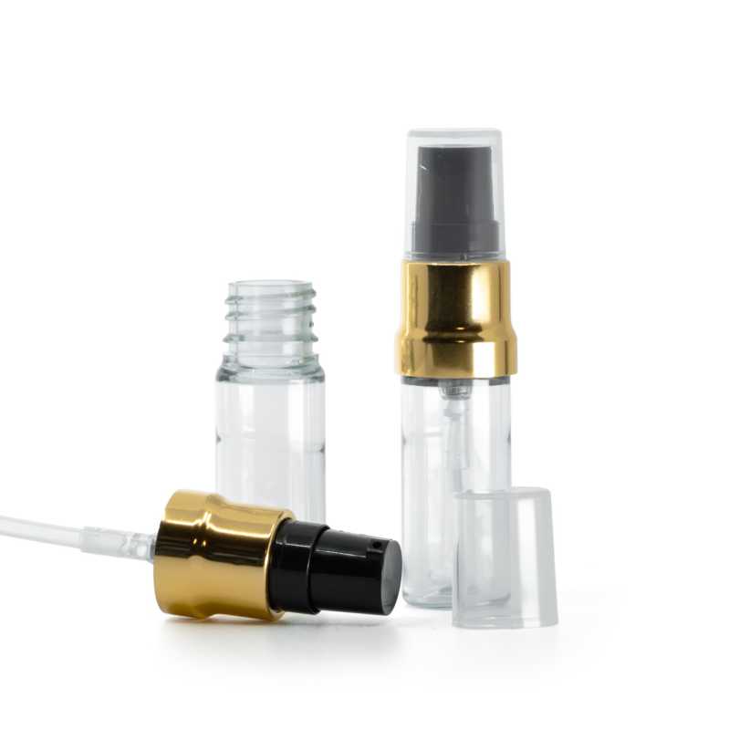 Plastová fľaška, liekovka, priehľadná, čierno-zlatý lesklý dákovač, priehľadný vrch, 10 ml