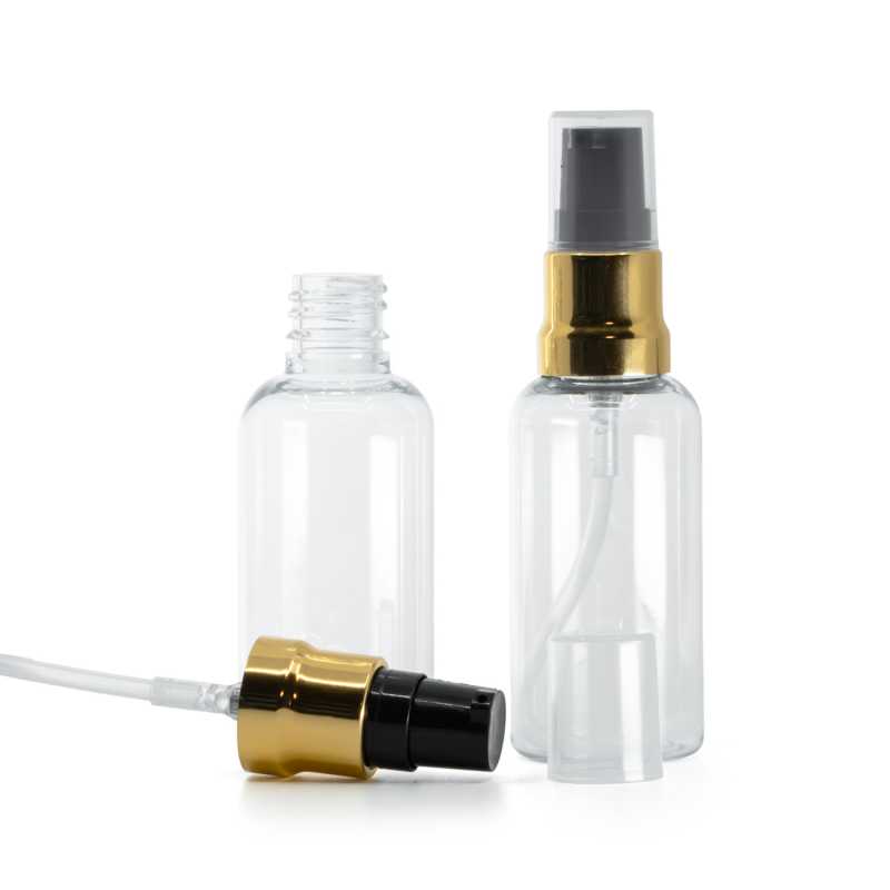 Plastová fľaška, liekovka, priehľadná, čierno-zlatý lesklý dákovač, priehľadný vrch, 50 ml