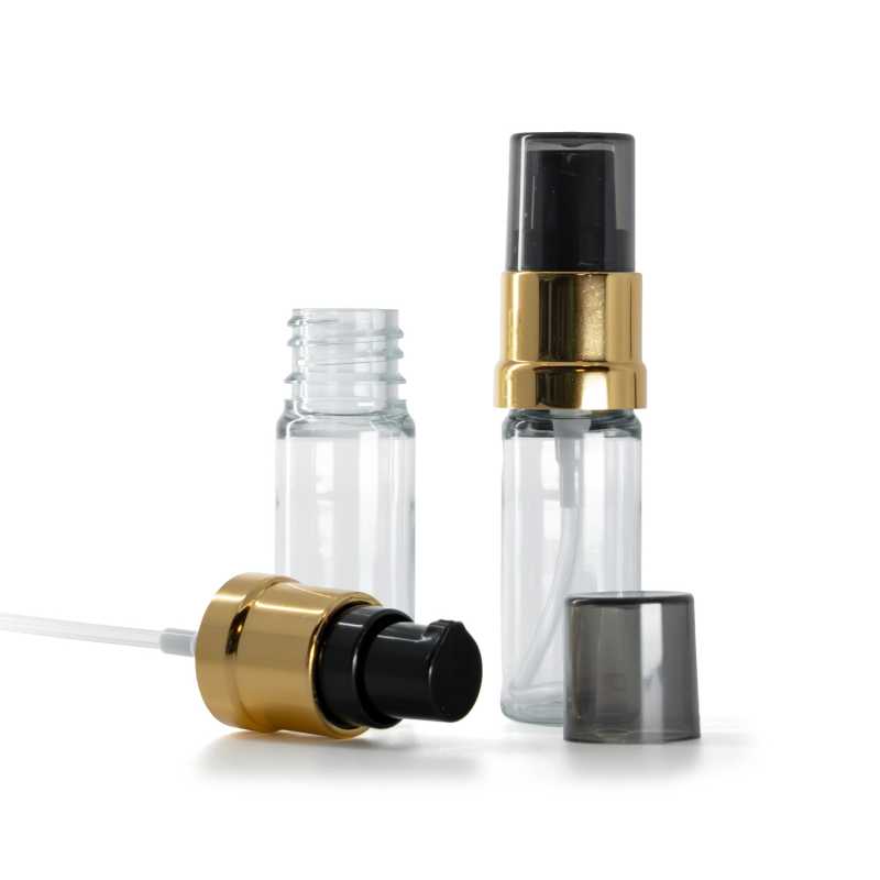 Plastová fľaška, liekovka, priehľadná, čierno-zlatý lesklý dávkovač s dymovým krytom, 10 ml