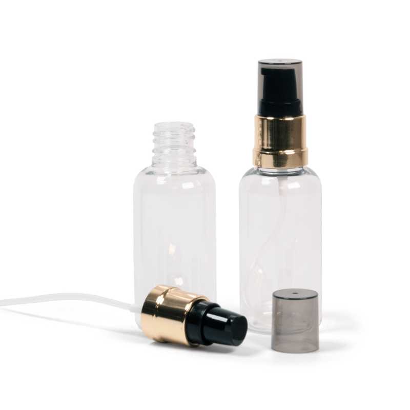 Plastová fľaška, liekovka, priehľadná, čierno-zlatý lesklý dávkovač s dymovým krytom, 50 ml
