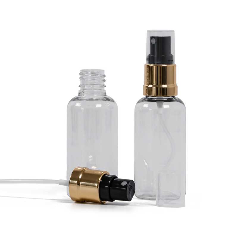 Plastová fľaška, liekovka, priehľadná, čierno-zlatý rozprašovač, 50 ml
