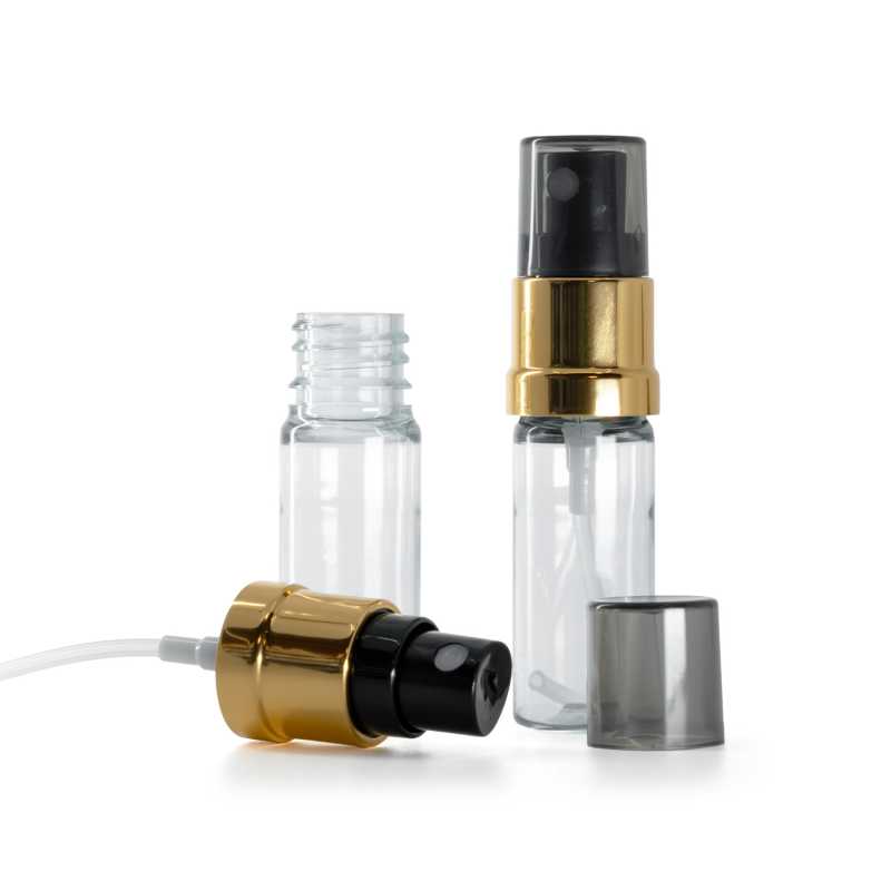Plastová fľaška, liekovka, priehľadná, čierno-zlatý rozprašovač, dymový kryt, 10 ml