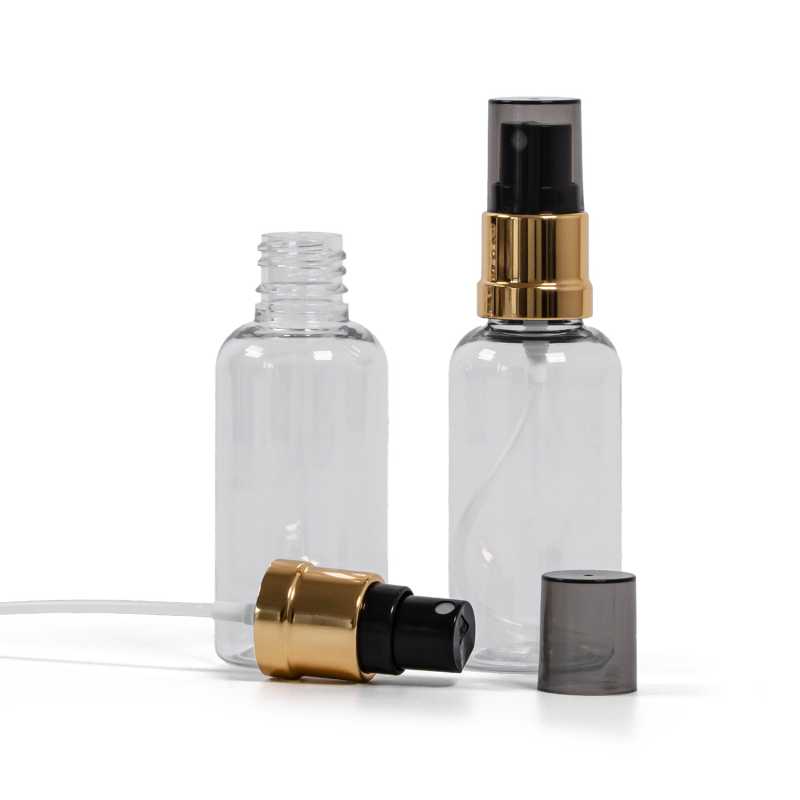 Plastová fľaška, liekovka, priehľadná, čierno-zlatý rozprašovač, dymový kryt, 50 ml