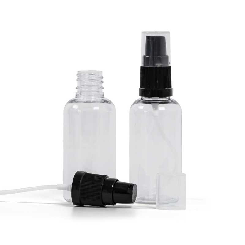 Plastová fľaška, liekovka, priehľadná, čierny dávkovač krémov, 50 ml