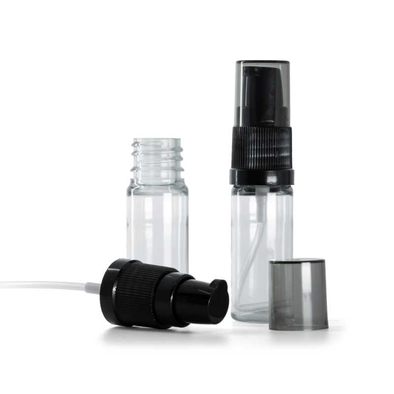 Plastová fľaška, liekovka, priehľadná, čierny dávkovač krémov s dymovým krytom, 10 ml