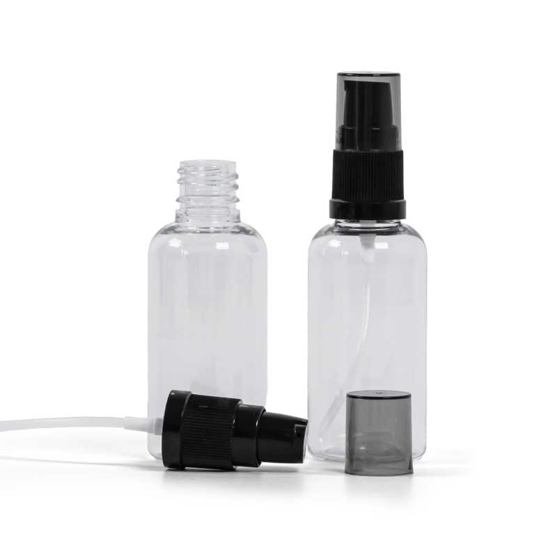 Plastová fľaška, liekovka, priehľadná, čierny dávkovač krémov s dymovým krytom, 50 ml