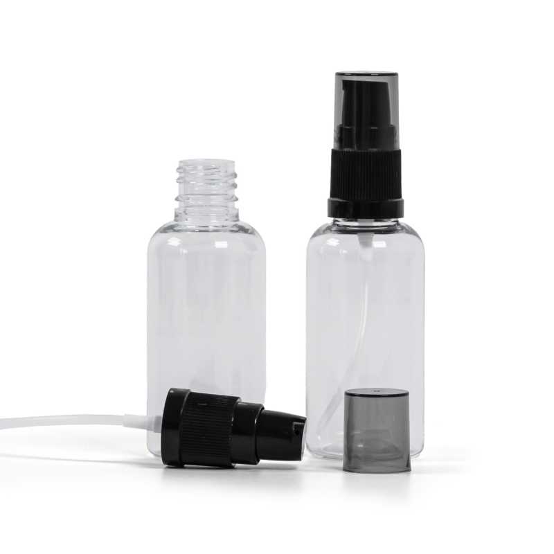 Plastová fľaška, liekovka, priehľadná, čierny dávkovač krémov s dymovým vrchom, 50 ml