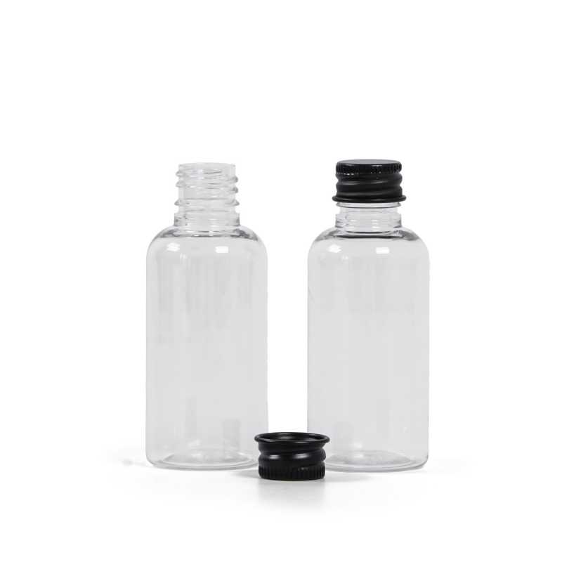 Plastová fľaška, liekovka, priehľadná, čierny hliníkový vrchnák, 50 ml