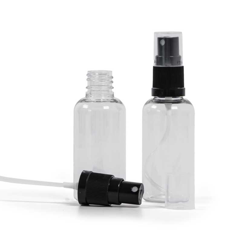 Plastová fľaška, liekovka, priehľadná, čierny rozprašovač, 50 ml