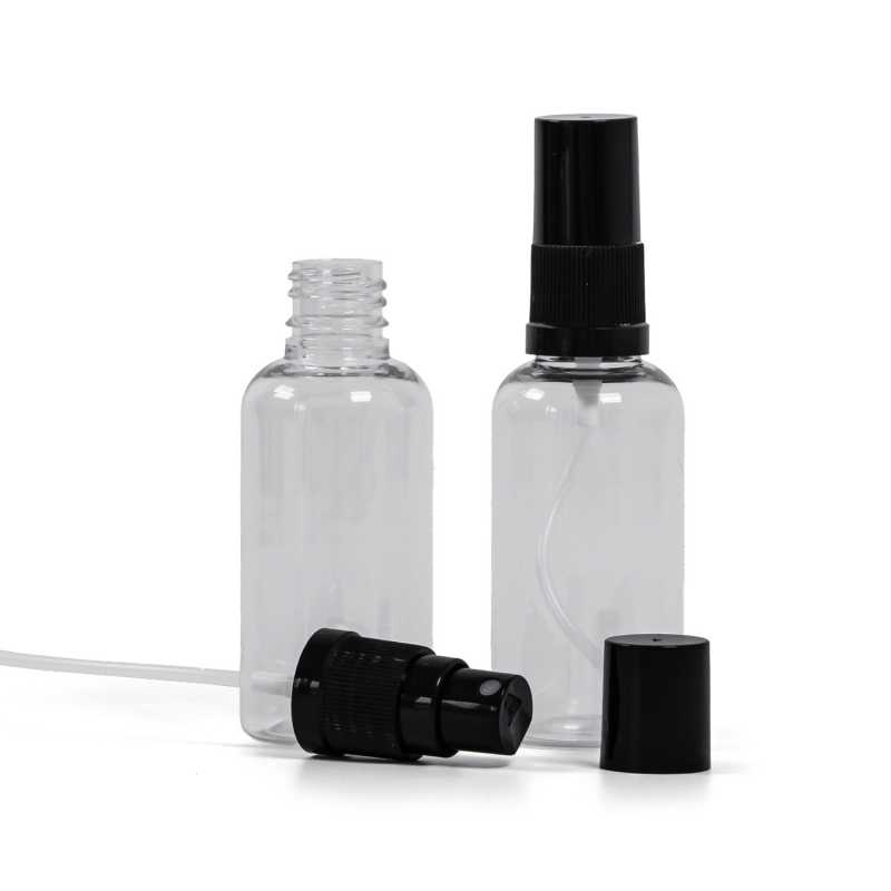 Plastová fľaška, liekovka, priehľadná, čierny rozprašovač, čierny vrch, 50 ml