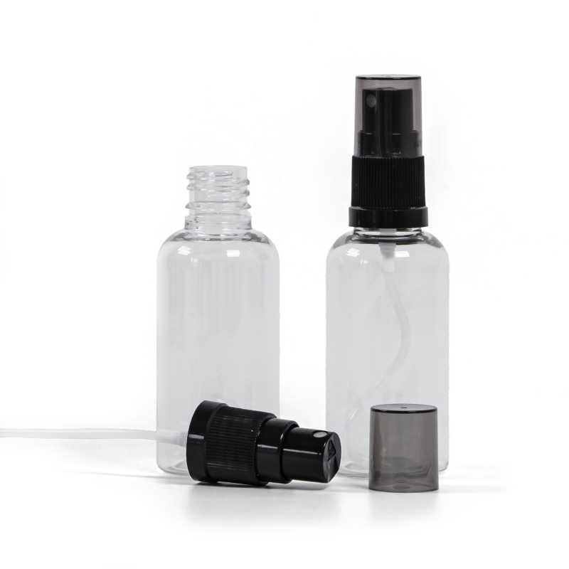 Plastová fľaška, liekovka, priehľadná, čierny rozprašovač, dymový kryt, 50 ml