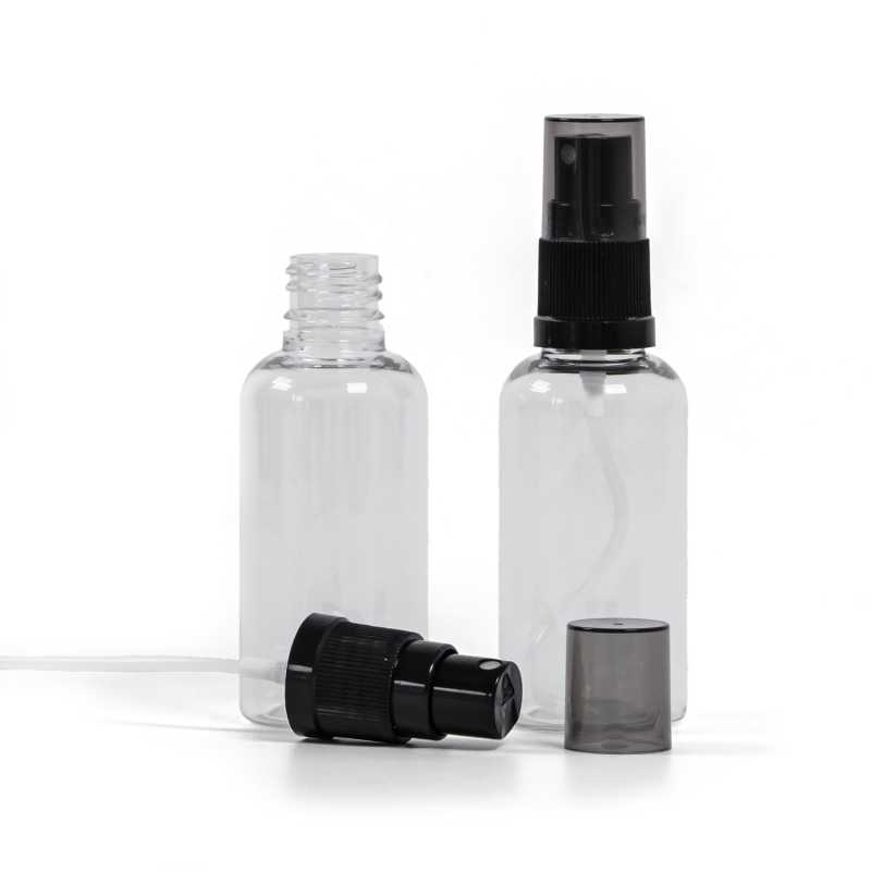 Plastová fľaška, liekovka, priehľadná, čierny rozprašovač, dymový vrch, 50 ml