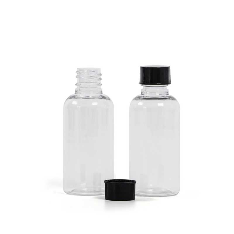 Plastová fľaška, liekovka, priehľadná, čierny vrchnák, 50 ml