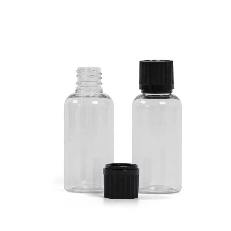 Plastová fľaška, liekovka, priehľadná, čierny vrúbkovaný vrchnák s poistkou, 50 ml