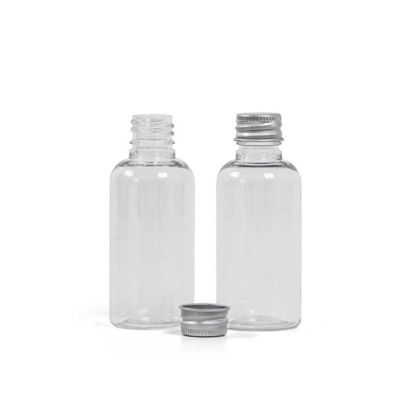 Plastová fľaška, liekovka, priehľadná, hliníkový vrch, 50 ml