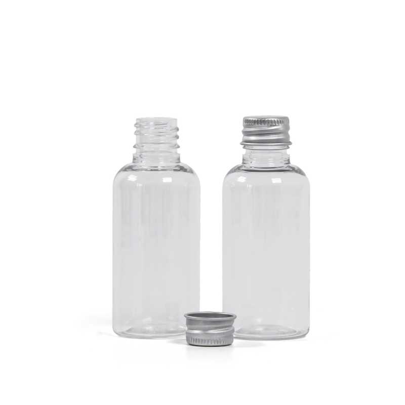 Plastová fľaška, liekovka, priehľadná, hliníkový vrchnák, 50 ml