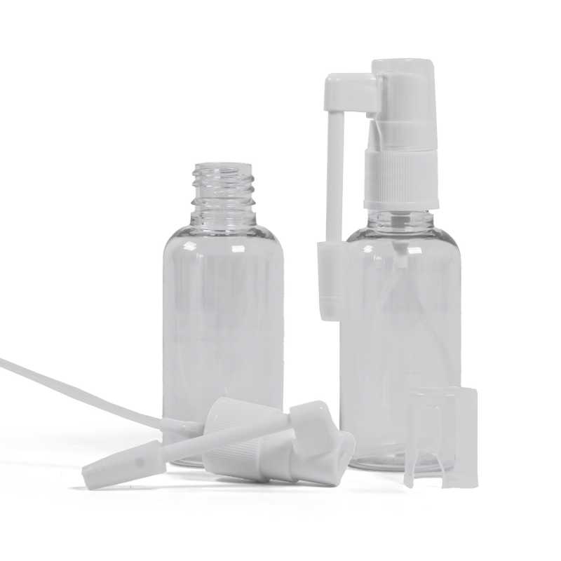 Plastová fľaška, liekovka, priehľadná, sprej do hrdla, 50 ml