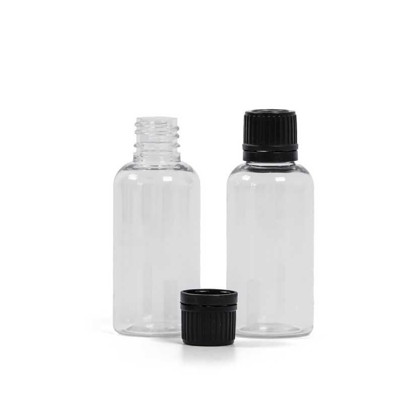 Plastová fľaška, liekovka, priehľadná, vrúbkovaný čierny vrchnák,  50 ml