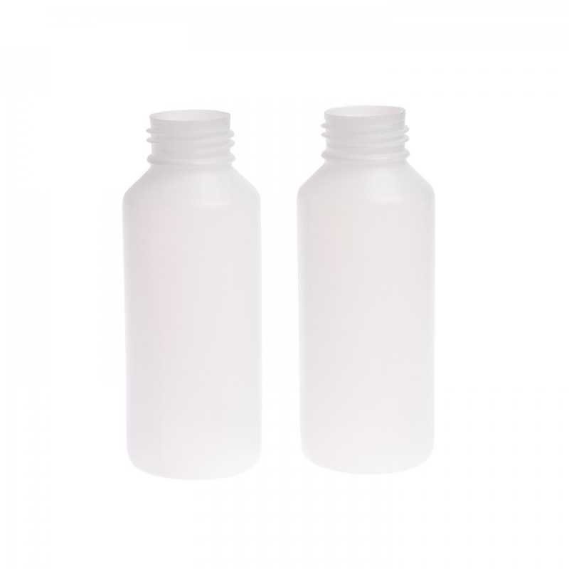 Plastová fľaša mliečnej farby, polotvrdá.

Objem fľašky: 120 ml
Hrdlo: 28/410