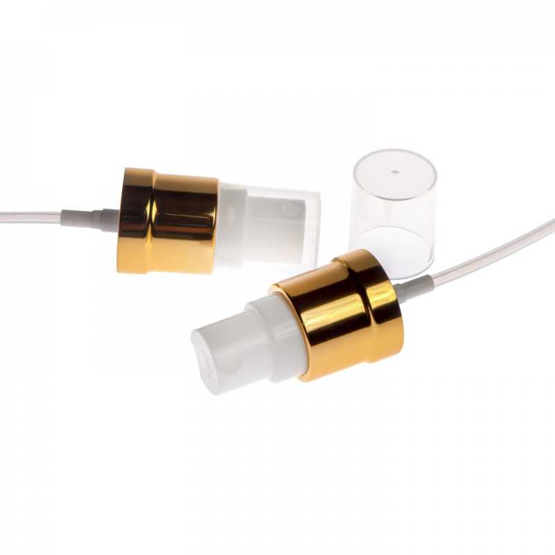 Bielo-zlatý plastový rozprašovač s priehľadným uzáverom, vhodný na fľašku s priemerom hrdla 18 mm.Hrdlo: 18/415Dĺžka hadičky: 100 mmMateriál: poly
