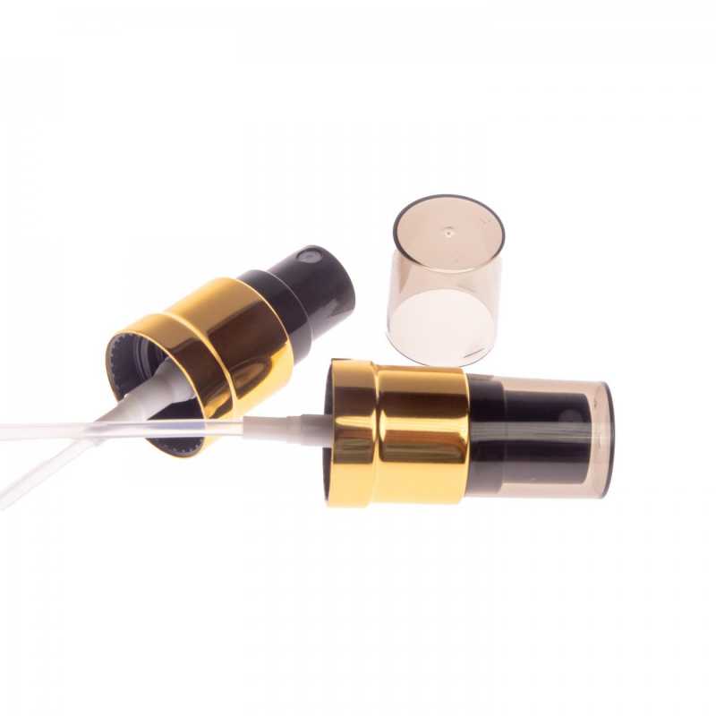 Čierno-zlatý plastový rozprašovač s priehľadným dymovým uzáverom, vhodný na fľašku s priemerom hrdla 18 mm.Hrdlo: 18/415Dĺžka hadičky: 115 mmDáv