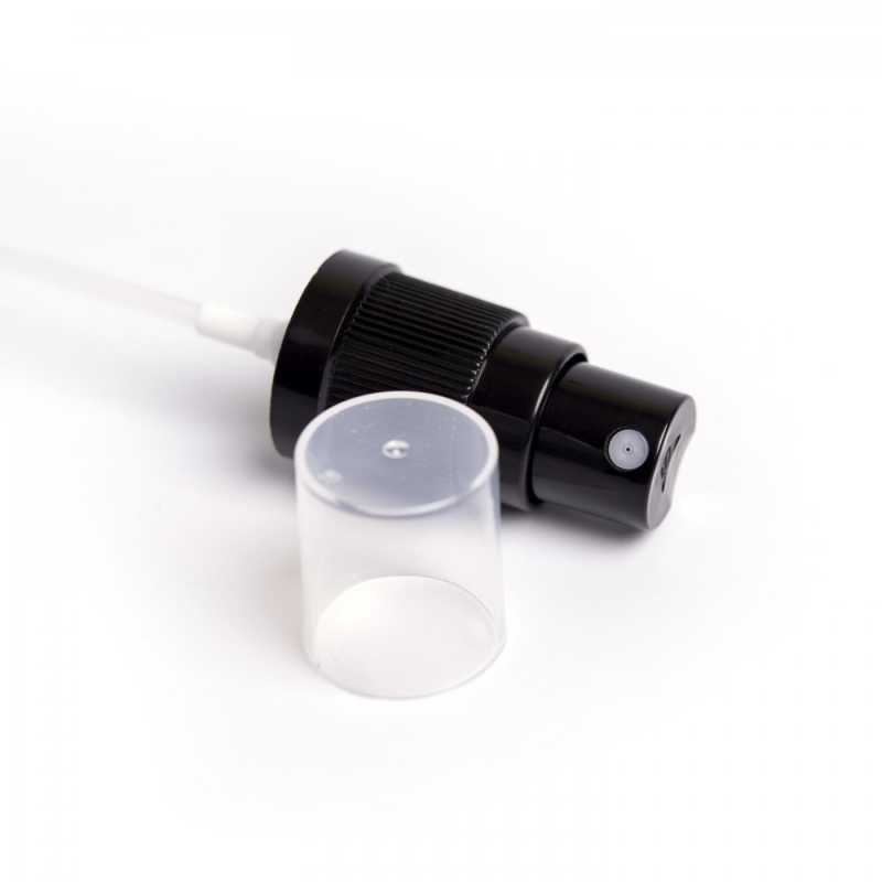 Čierny plastový rozprašovač s priehľadným uzáverom, vhodný na fľašku s priemerom hrdla 18 mm.Hrdlo: 18/415Dĺžka hadičky: 85 mmMateriál: polypropyl