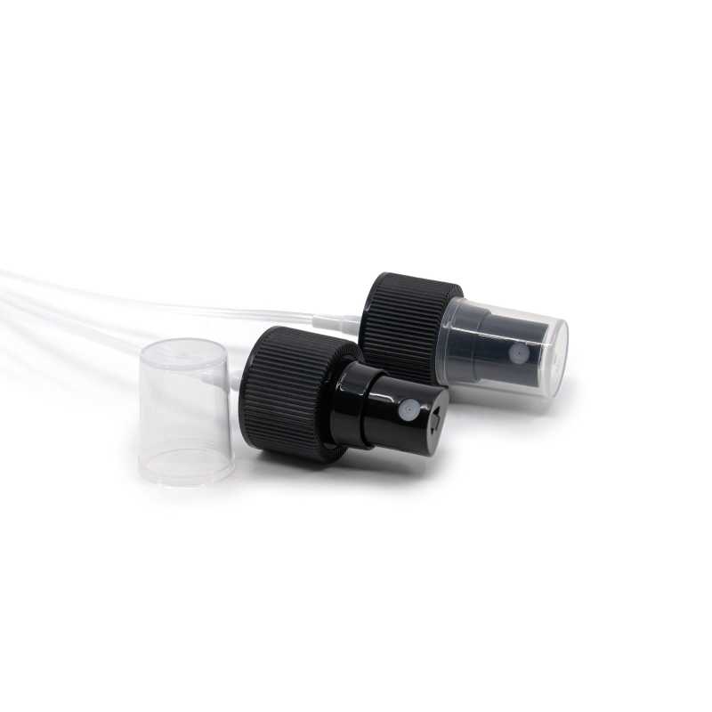 Čierny plastový rozprašovač - vrúbkovaný s transparentným vrchnáčikom, vhodný na fľaše s priemerom hrdla 24 mm.
Dĺžka trubičky je 165 mm.
Mater