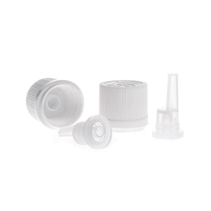 Plastové kvapátko do sklenených liekoviek, 18 mm, dlhé. Umiestňuje sa do hrdla fľaše.Biely plastový vrchnák s poistkou vhodný na fľašku s priemerom 