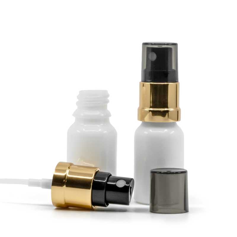 Sklenená fľaška, biela, čierno-zlatý rozprašovač, dymový kryt, 10 ml