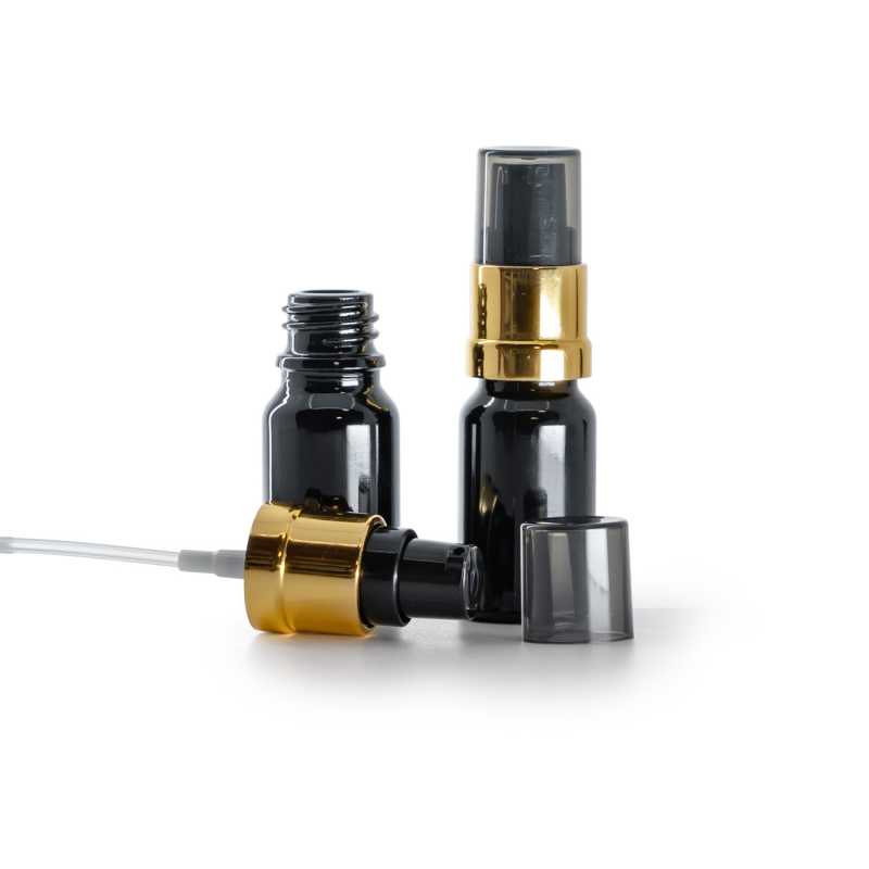 Sklenená fľaška, čierna lesklá, čierno-zlatý lesklý dávkovač s dymovým krytom, 10 ml