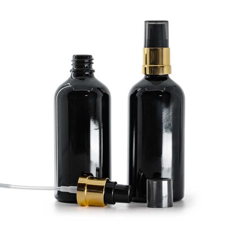 Sklenená fľaška, čierna lesklá, čierno-zlatý lesklý dávkovač s dymovým krytom, 100 ml