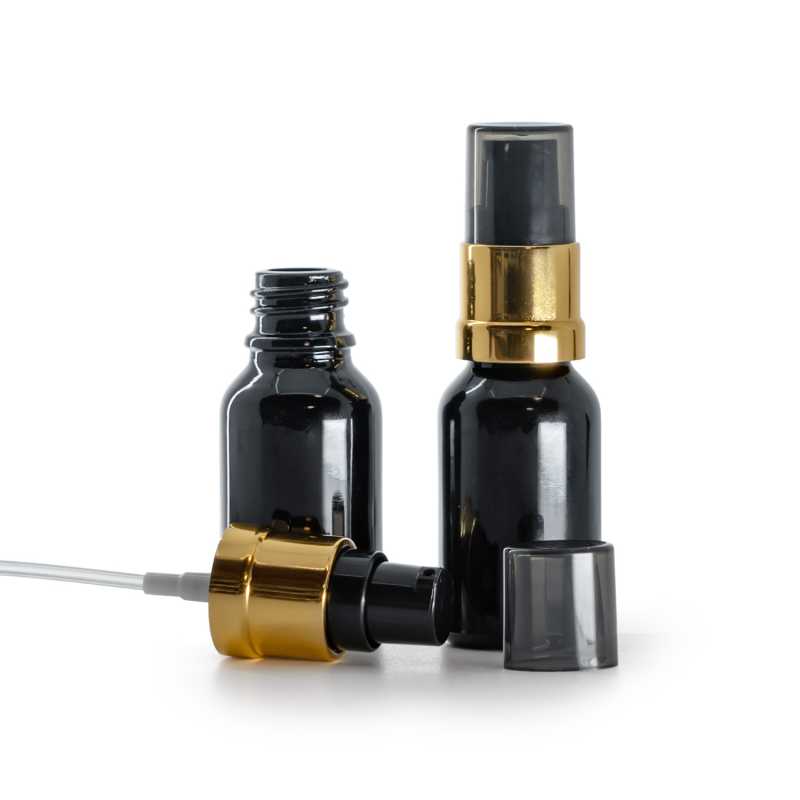 Sklenená fľaška, čierna lesklá, čierno-zlatý lesklý dávkovač s dymovým krytom, 15 ml