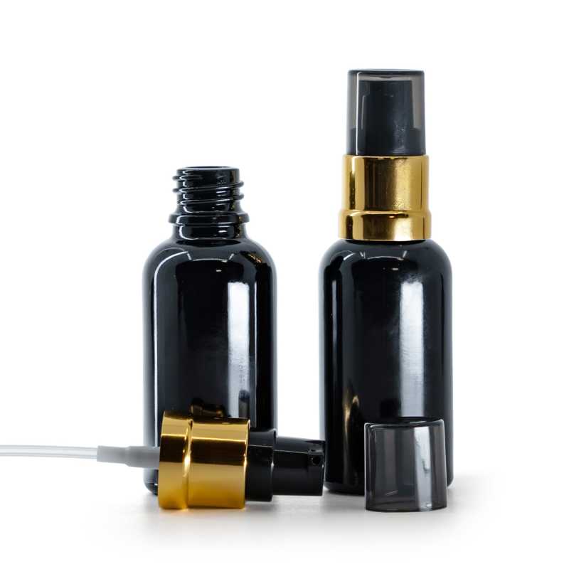 Sklenená fľaška, čierna lesklá, čierno-zlatý lesklý dávkovač s dymovým krytom, 30 ml