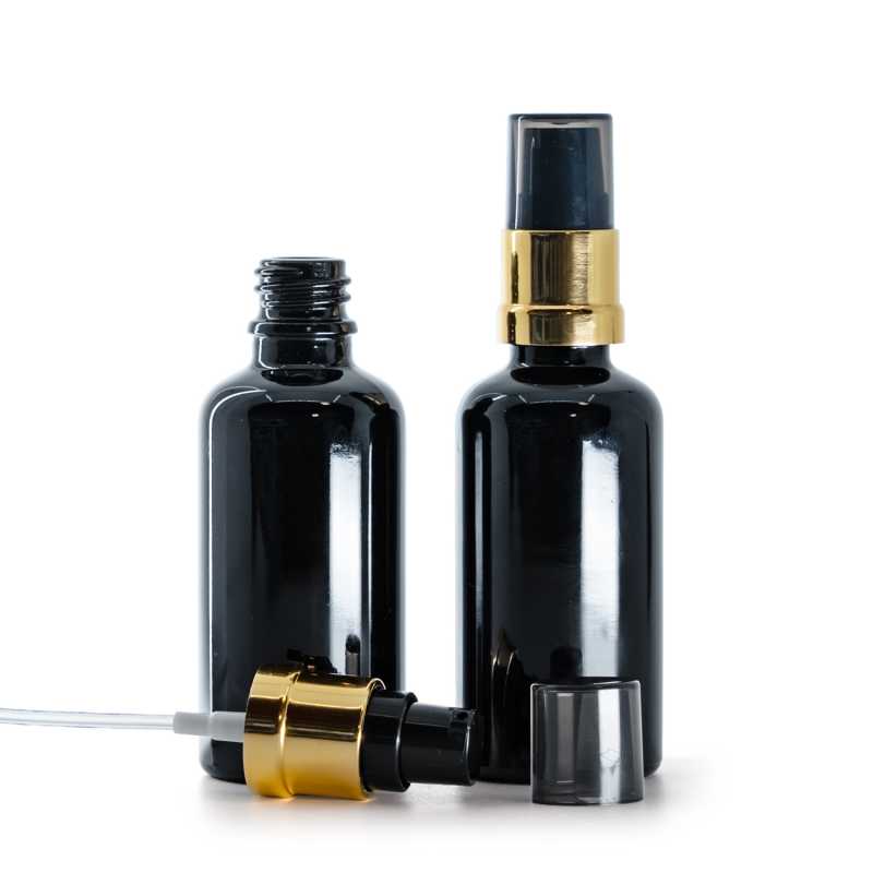 Sklenená fľaška, čierna lesklá, čierno-zlatý lesklý dávkovač s dymovým krytom, 50 ml