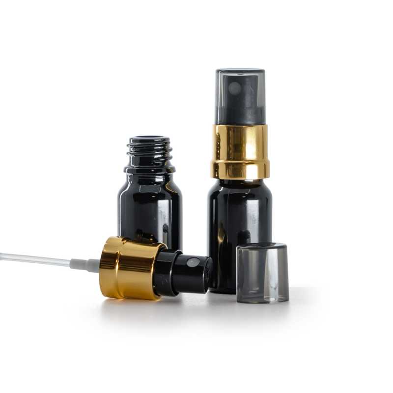 Sklenená fľaška, čierna lesklá, čierno-zlatý rozprašovač, dymový kryt, 10 ml
