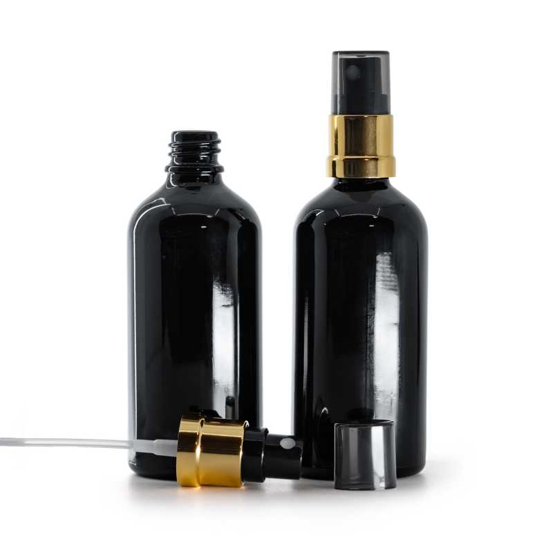 Sklenená fľaška, čierna lesklá, čierno-zlatý rozprašovač, dymový kryt, 100 ml