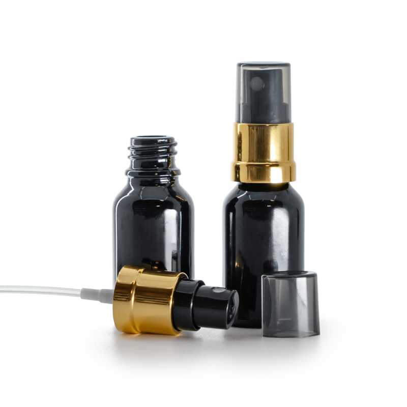 Sklenená fľaška, čierna lesklá, čierno-zlatý rozprašovač, dymový kryt, 15 ml