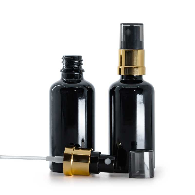 Sklenená fľaška, čierna lesklá, čierno-zlatý rozprašovač, dymový kryt, 50 ml