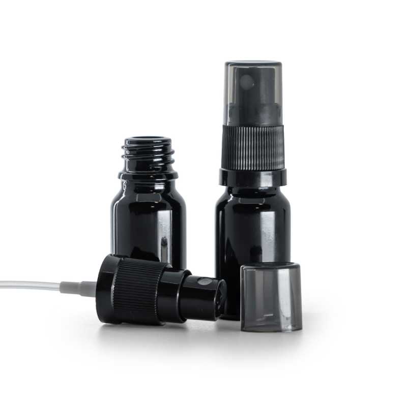 Sklenená fľaška, čierna lesklá, čierny rozprašovač, dymový kryt, 10 ml