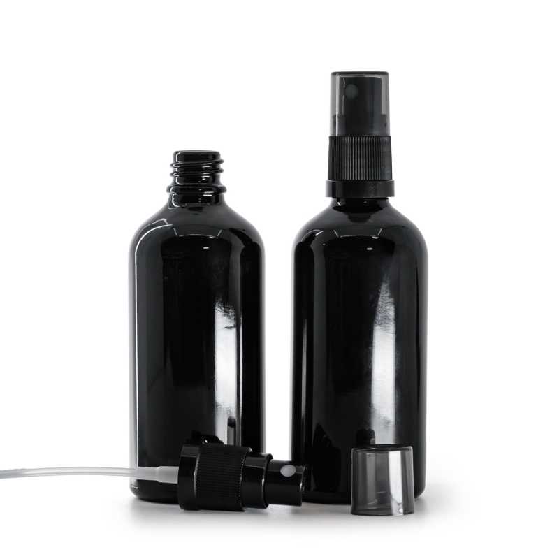 Sklenená fľaška, čierna lesklá, čierny rozprašovač, dymový kryt, 100 ml